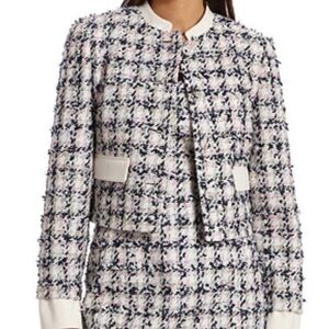 Avec Les Filles Black and White Tweed Blazer with Ribbed Trim